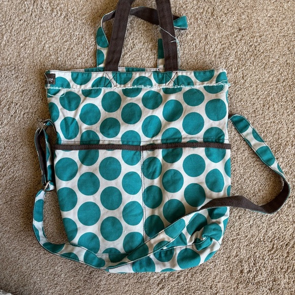 Thirty-One Retro Metro Fold-Over Canvas Tote in Teal And Gray Dot With Pockets - Picture 1 of 5